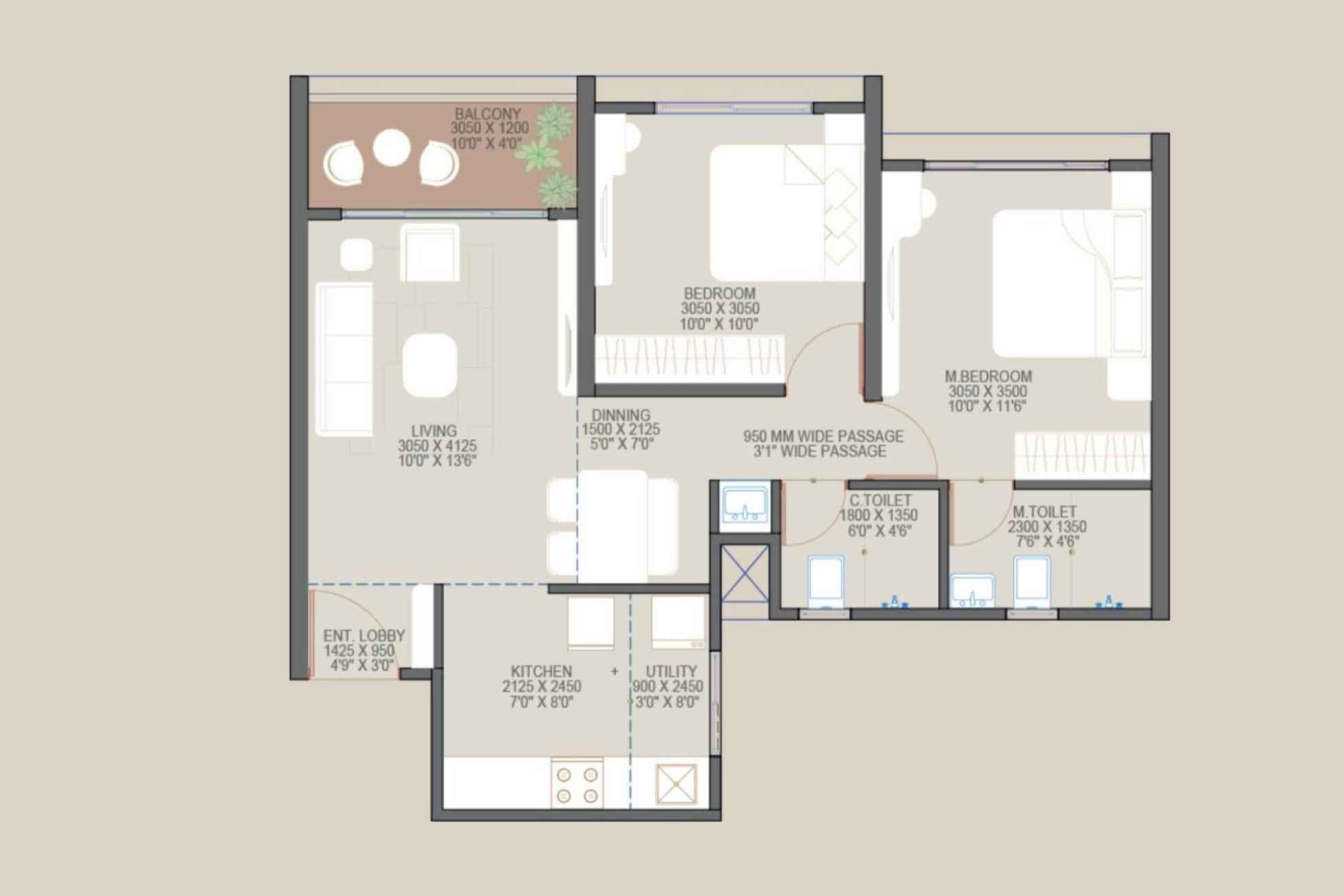 2 BHK Classic 638 Sq Ft Sanctioned Architectural Floor Plan - Goyal My Home Sanctuary Mamurdi