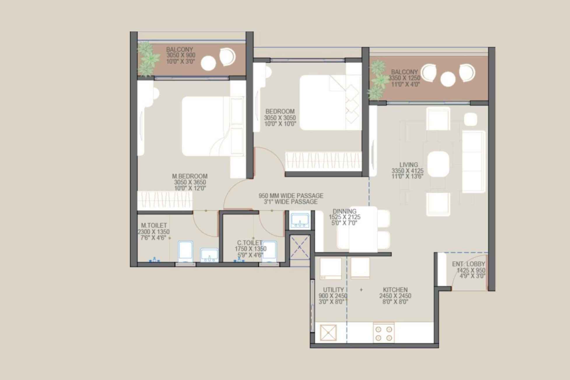 2 BHK Premier 704 Sq Ft Sanctioned Architectural Floor Plan - Goyal My Home Sanctuary Mamurdi