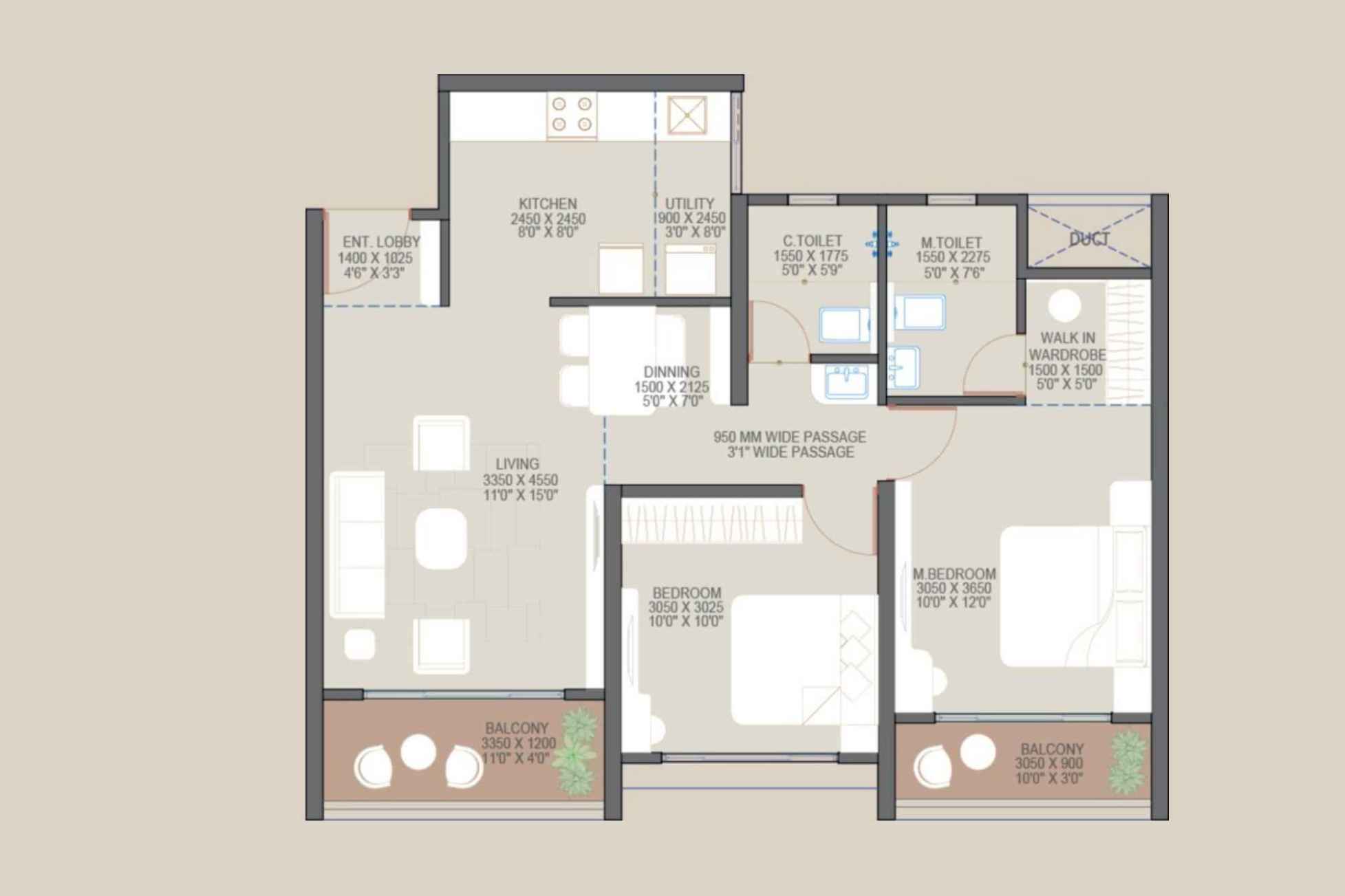 2 BHK Signature 760 Sq Ft Corner Sanctioned Floor Plan - Goyal My Home Sanctuary Mamurdi