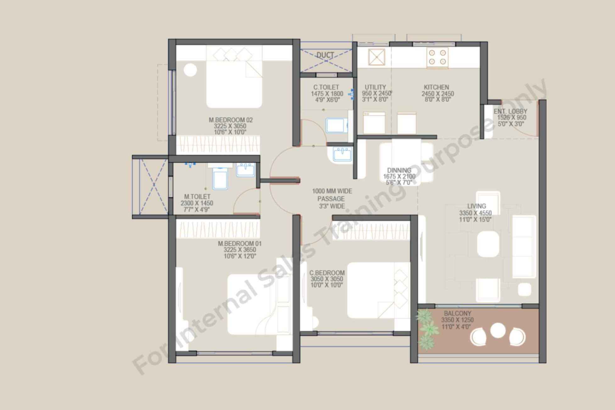 3 BHK Classic 848 Sq Ft Sanctioned Architectural Floor Plan - Goyal My Home Sanctuary Mamurdi