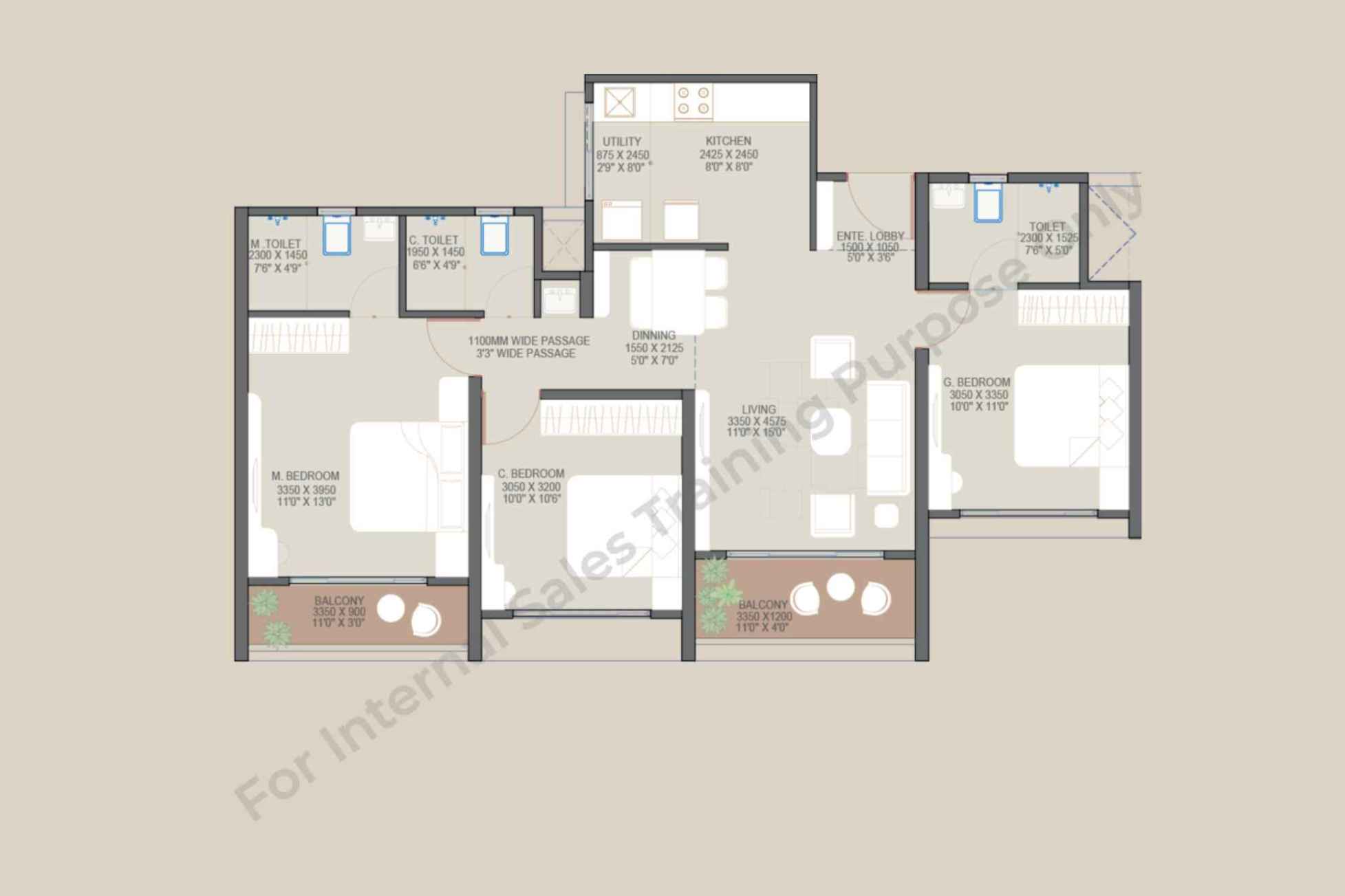 3 BHK Premier 924 Sq Ft Sanctioned Floor Plan with Dining Alcove - Goyal My Home Sanctuary Mamurdi