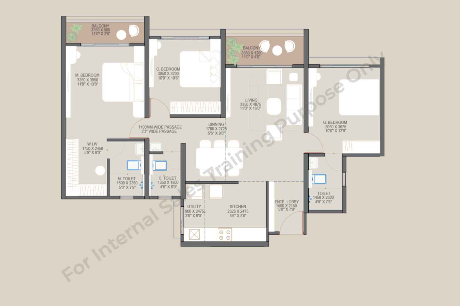3 BHK Signature 1036 Sq Ft Sky Deck Sanctioned Floor Plan - Goyal My Home Sanctuary Mamurdi